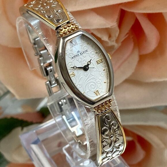 Anne Klein Two-Tone Tonneau Case Bracelet Watch Textured Dial Roman Numerals - Picture 4 of 13